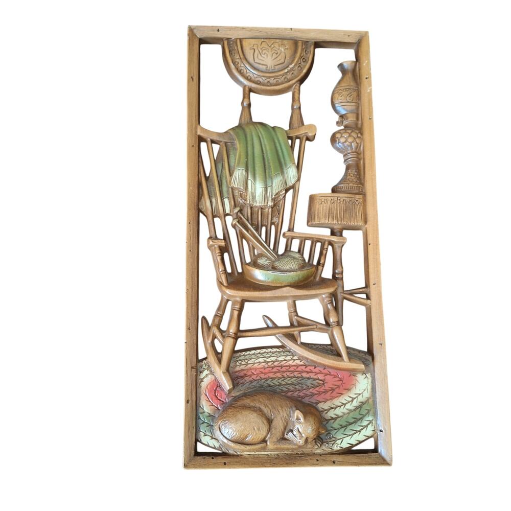 VTG Burwood Products 9208 Wall Plaque 3D Rocking Chair Sleeping Cat Knit Decor